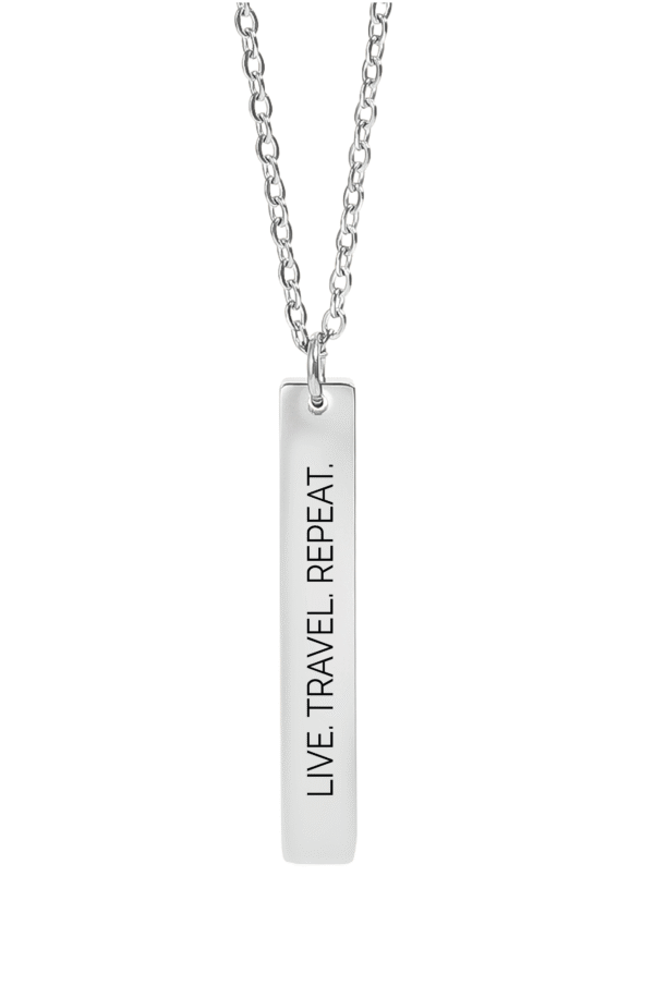 20251128011510-1f0cbf7a-f351-6348-b18e-72326e93dbaa.png “Live. Travel. Repeat.” Engraved Bar Necklace – Minimalist Travel Jewelry